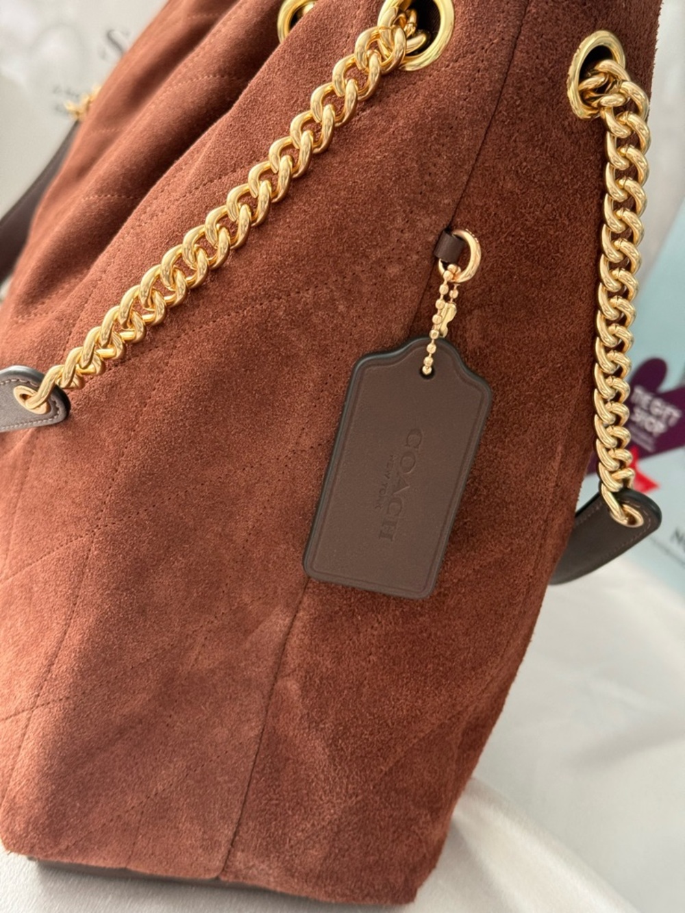 COACH CCZ80 Evelyn Shoulder Bag with Quilting Suede Gold/Vintage Brown/ Mapl WNT - Picture 4 of 13